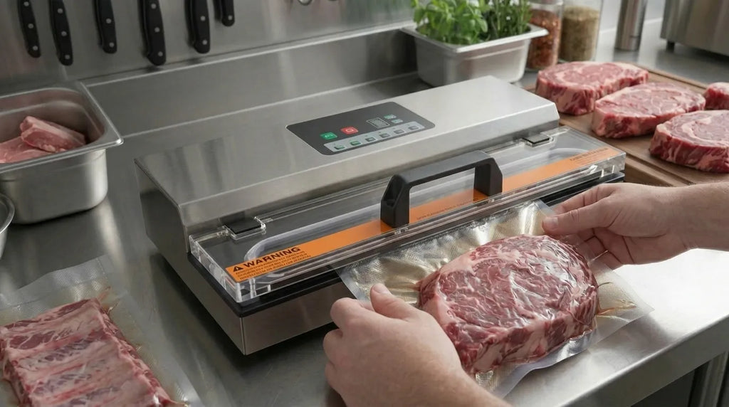 Vacuum machine which vacuum seals a piece of meat