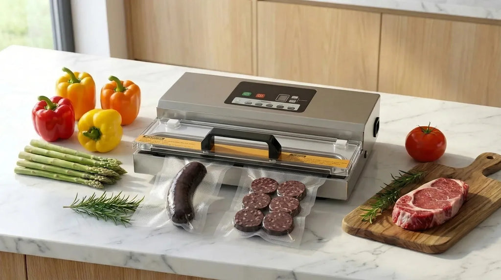 Vacuum machine that vacuum-packs black pudding