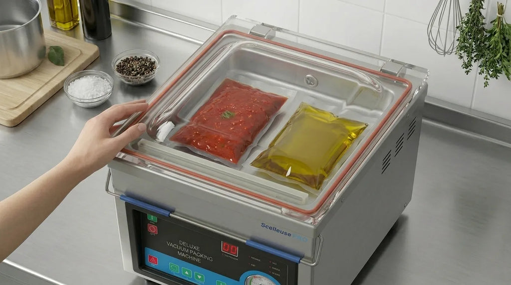 Chamber vacuum sealer which vacuums liquid