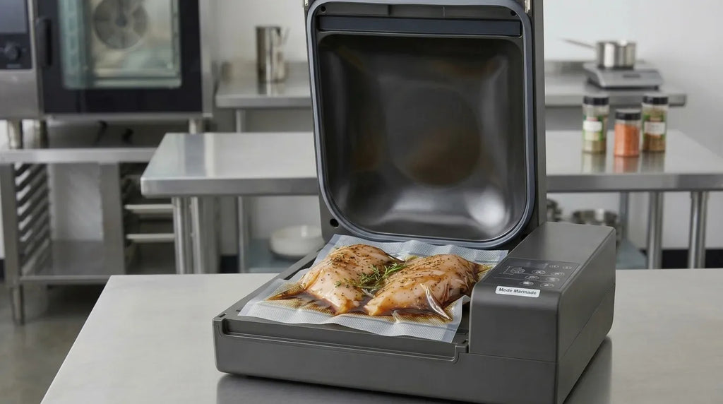 Sous vide marinade in a vacuum chamber machine