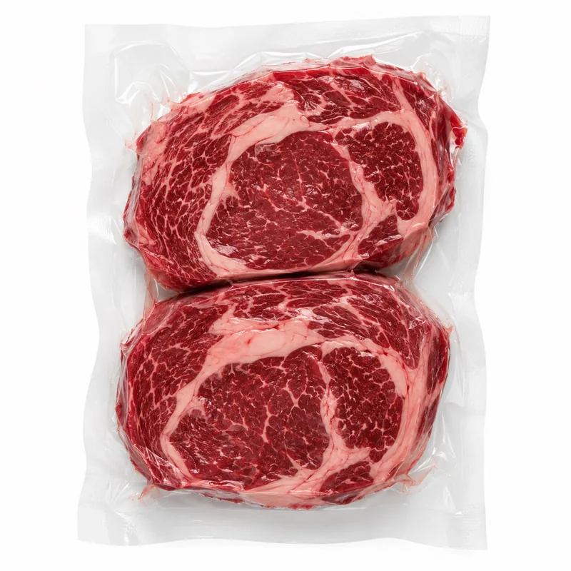 Pièces of bœuf and entrecôtes emballées sous vacuum